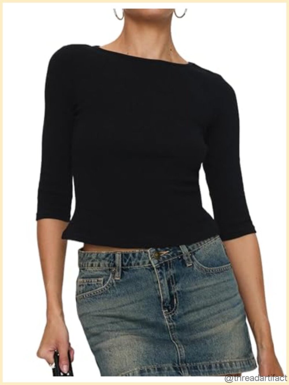 Ribbed Knit Crop Top 3/4 Sleeve Crewneck Fitted T Shirt Casual Y2K Womens